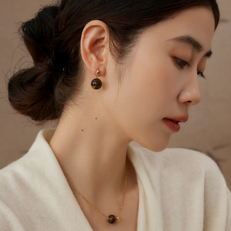 Natural Tiger Eye Earrings, Vintage Minimalist Style - Wealth Attract