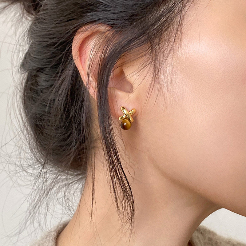 Geometric Tiger Eye Stud Earrings — Niche Maillard Crystal for Fortune