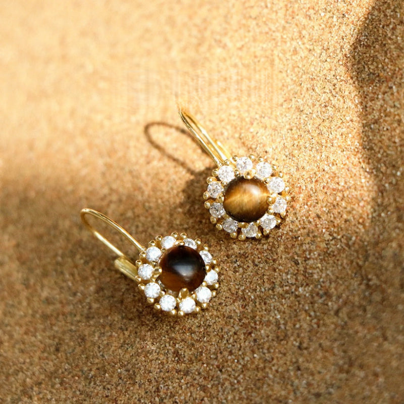 Natural Tiger Eye Earrings — Vintage Flower Ear Clasp
