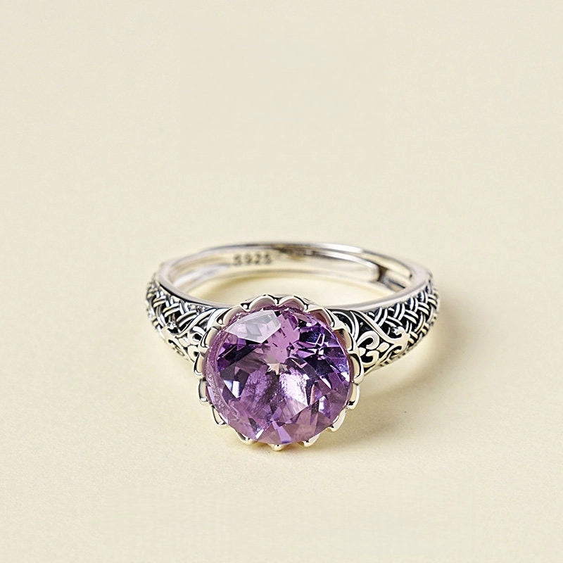 Bague Lotus en Améthyste Naturelle – Design Vintage en Argent Sterling 925