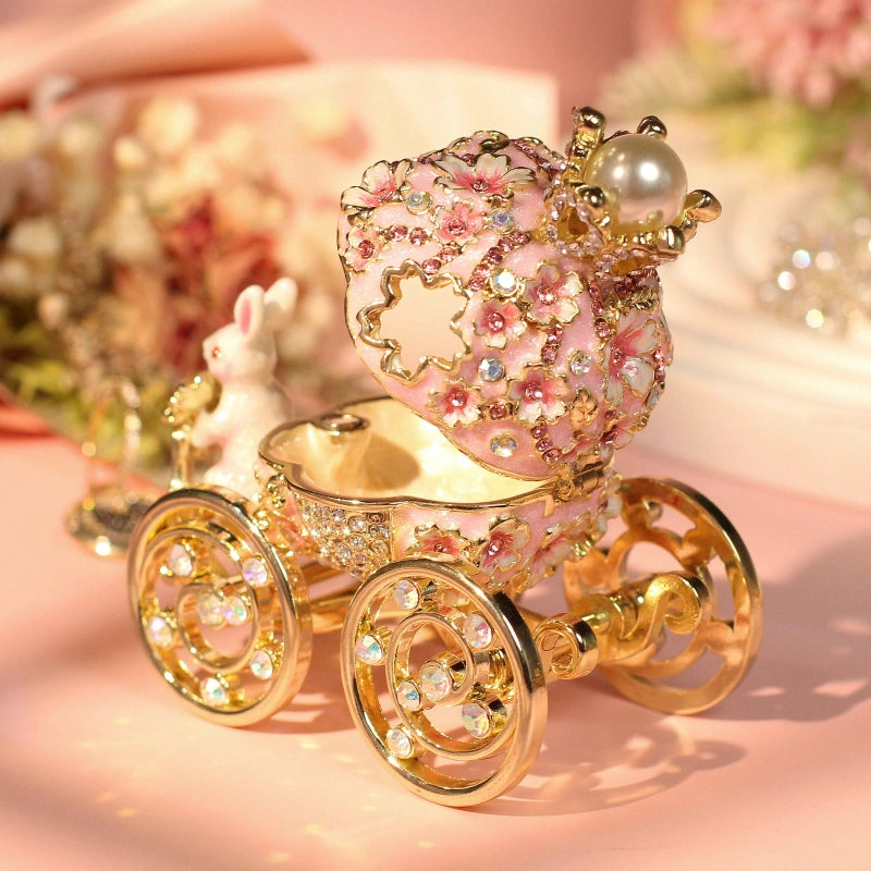 Dainty Princess Cherry Blossom Trinket Box | Enamel Bunny Carriage