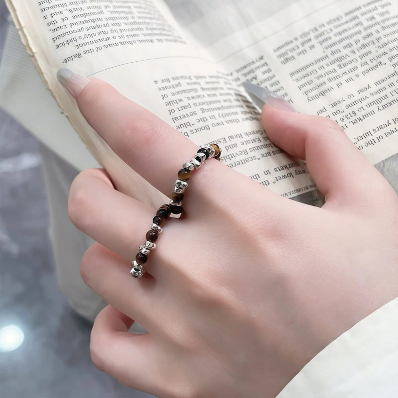 Natural Tiger Eye Stone Ring Light Luxury Beaded Women's Ring