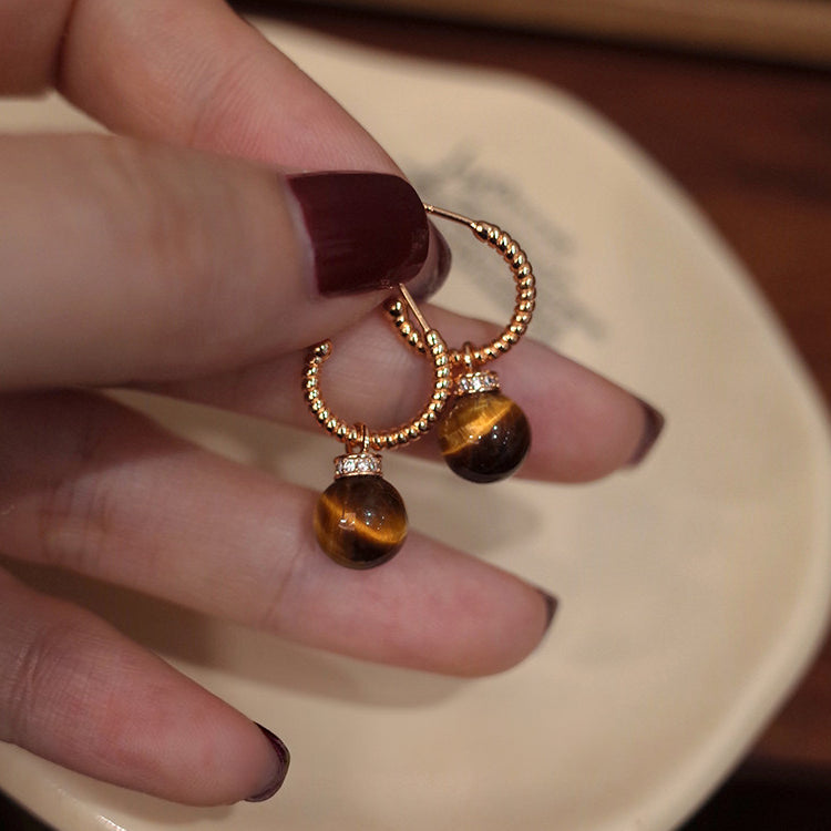 C-Shape Tiger Eye Two-Wear Earrings, Niche Vintage Maillard Crystal Jewelry for Wealth