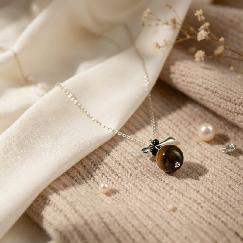 Natural Tiger Eye Stone Necklace, Floating Planet - Steady Career & Prosperous Life