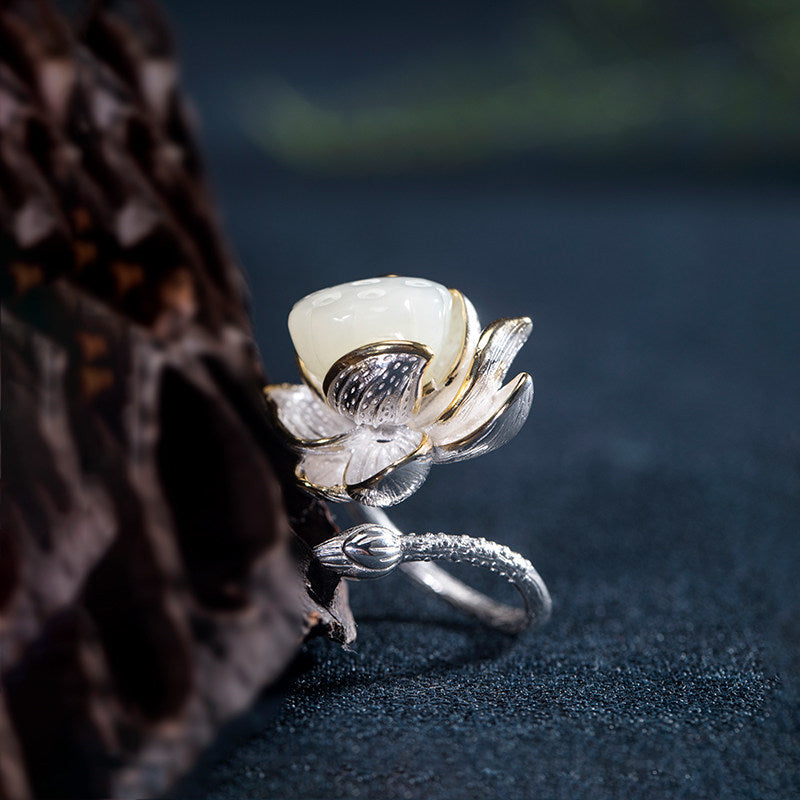 Bague Lotus en Jade Hetian - Paix Intérieure & Énergie Pure