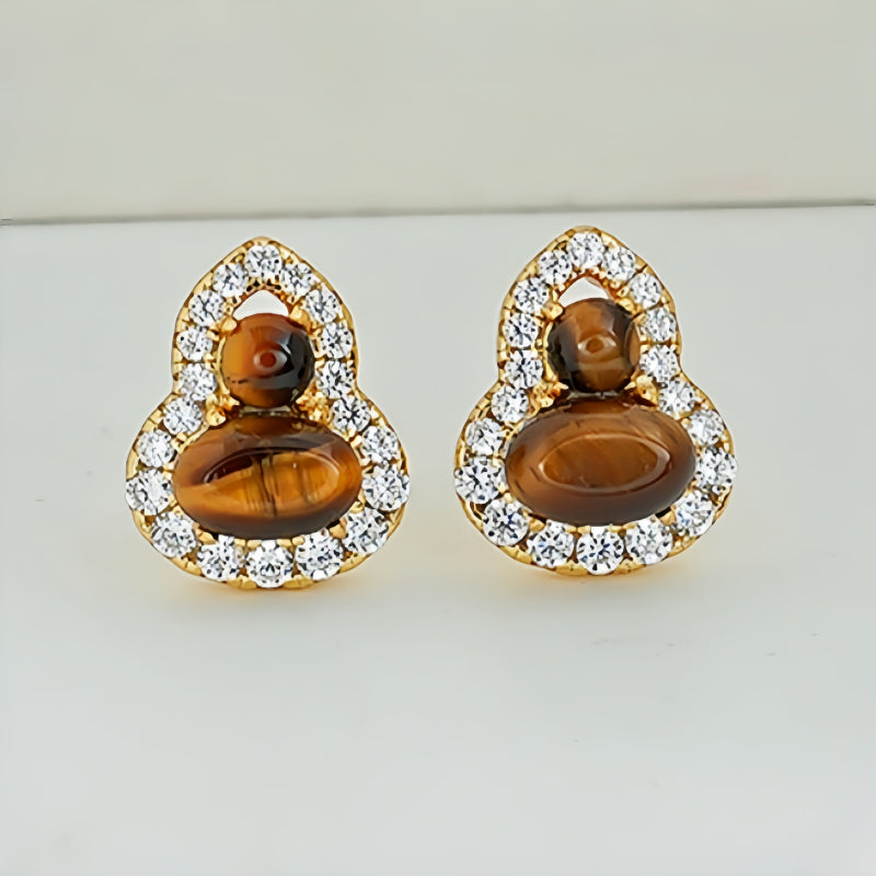 Maillard Golden Tiger Eye Gourd Silver Studs — Fortune Crystal Earrings & Ring Set
