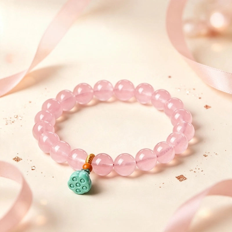 Natural Rose Quartz Lotus Pendant Bracelet - Draws Sweet Love
