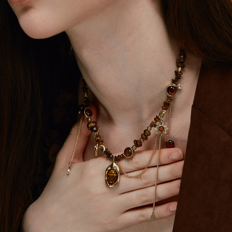 Natural Tiger Eye Stone Necklace — Maillard Vintage Fringe Choker Necklace