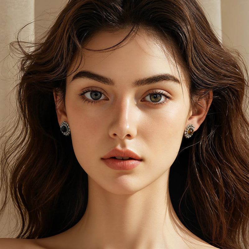Sunflower Tiger Eye Stud Earrings — Niche Retro Crystal for Fortune & Success