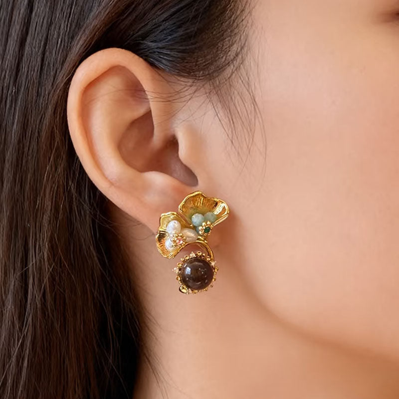 Boucles d'oreilles Œil de Tigre naturel, Lumina Tigeris Maillard Fleur Dorée, Cadeau Femme