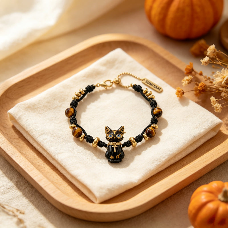 Natural Tiger Eye Stone Bracelet — Ancient Egyptian Bastet Guardian Black Cat Goddess