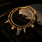 Collier en pierre œil de tigre naturelle — Protection déesse chat Bastet égyptienne antique à double couche
