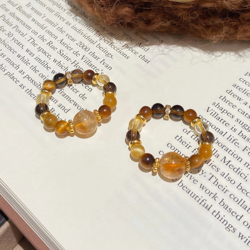 Natural Tiger Eye Stone Ring for Wealth Transfer and Crystal Bead Ring
