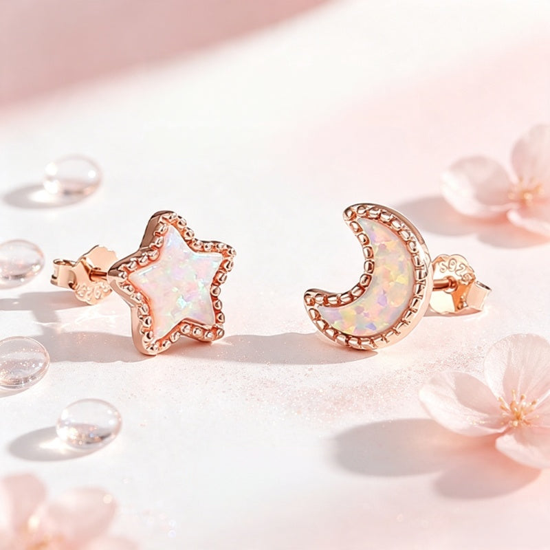 Moon Star Opal Rose Gold Earrings - Positive Energy Chase Negativity