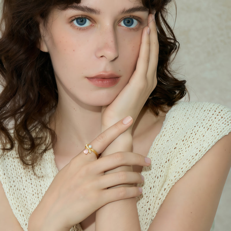 Bow Pearl Natural Rose Quartz Crystal Ring - Self-love First, Fortune Follows