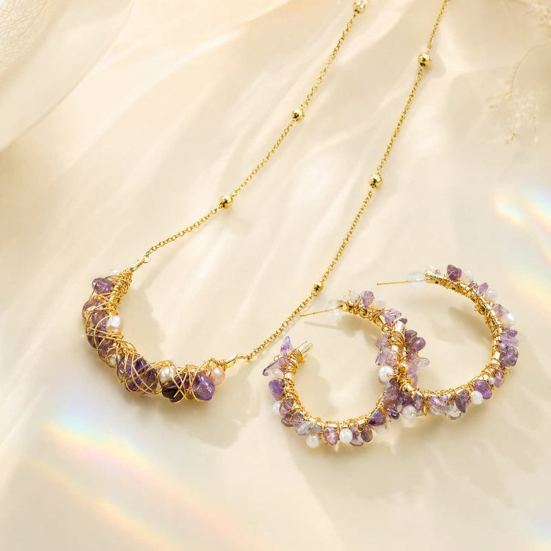 Natural Amethyst & Pearl Necklace/Earrings Jewelry Set - Gentle Emotional Healing