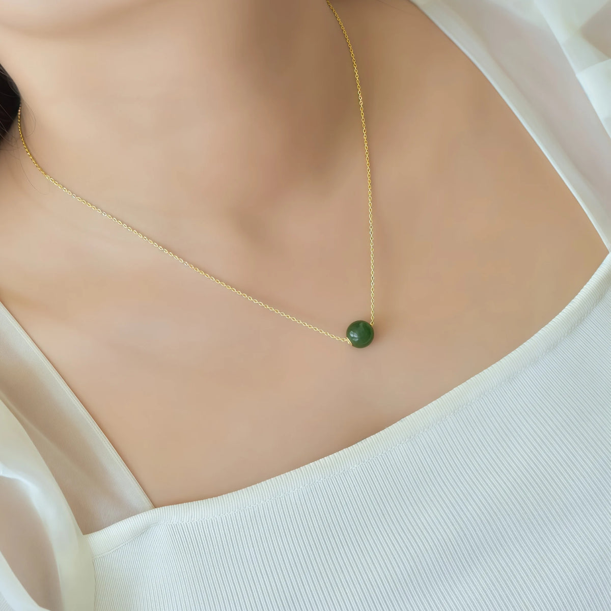 Dainty Natural Hetian Green Jade Bead Necklace - Calm & Peace