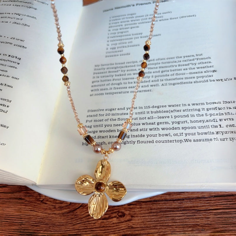 Natural Tiger Eye Stone Necklace, Lucky Four-Leaf Clover Long Sweater