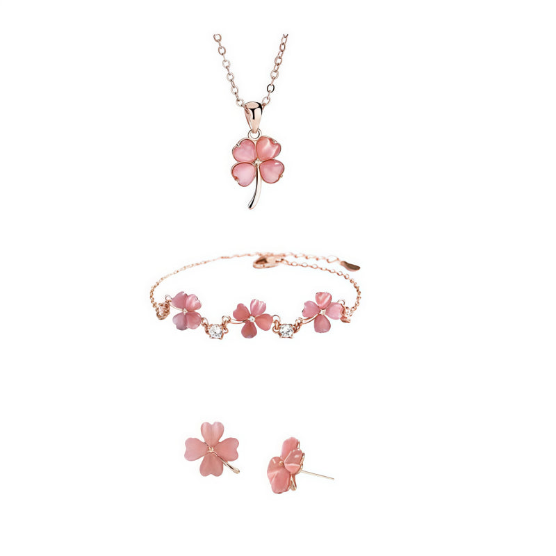 Lucky Four‑Leaf Clover Necklace/Bracelet/Earrings Set - Conveying Romance