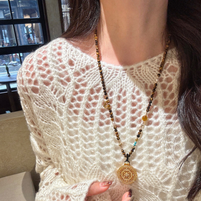 Natural Tiger Eye Stone Necklace, Compass Pendant Sweater Necklace, Gift for Mom