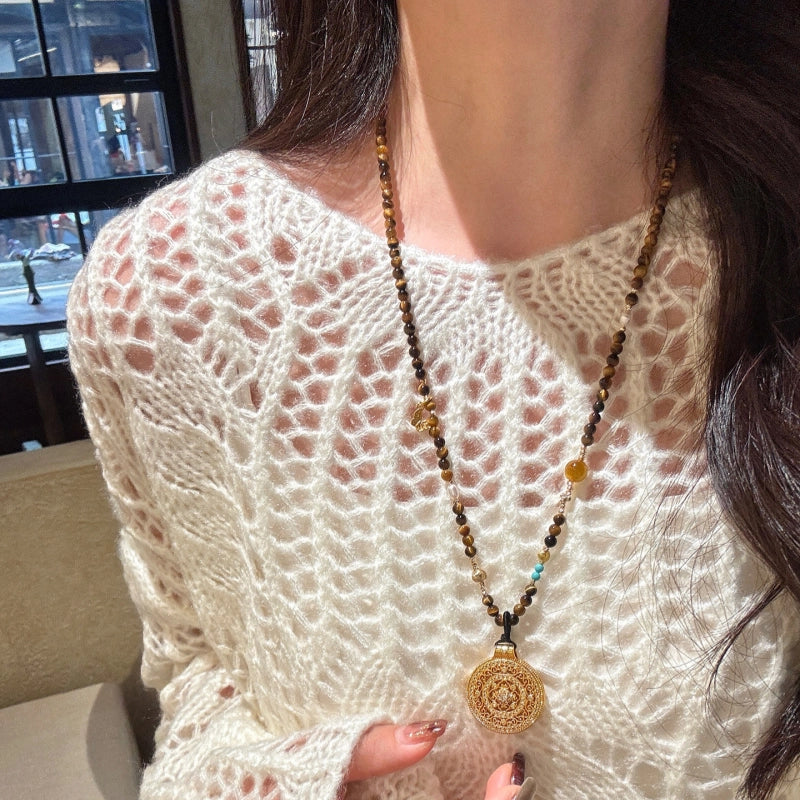 Collier en Œil de Tigre Naturel, Pendentif Boussole, Collier Pull, Cadeau pour Maman