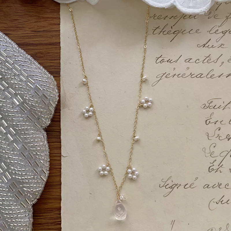 Natural Rose Quartz Pearl Flower Necklace– Open Heart, Attract Sweetness