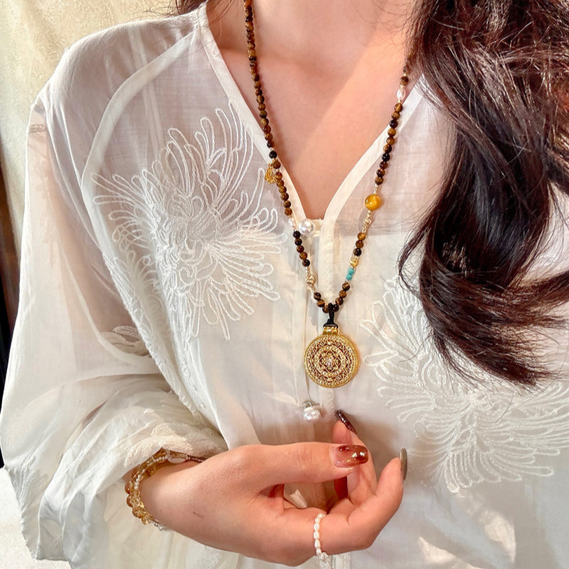 Natural Tiger Eye Stone Necklace, Compass Pendant Sweater Necklace, Gift for Mom