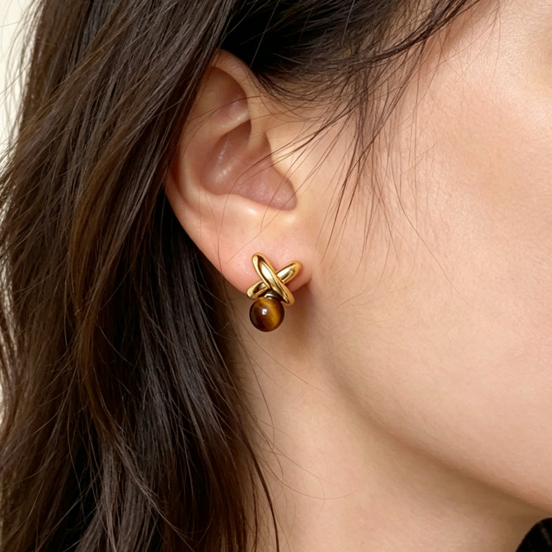 Geometric Tiger Eye Stud Earrings — Niche Maillard Crystal for Fortune