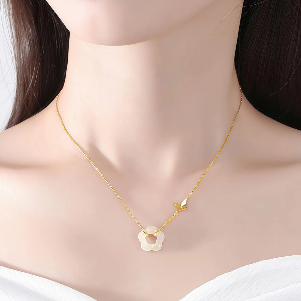 Butterfly Charm Hetian Jade Plum Blossom Necklace - Resilience & Safety