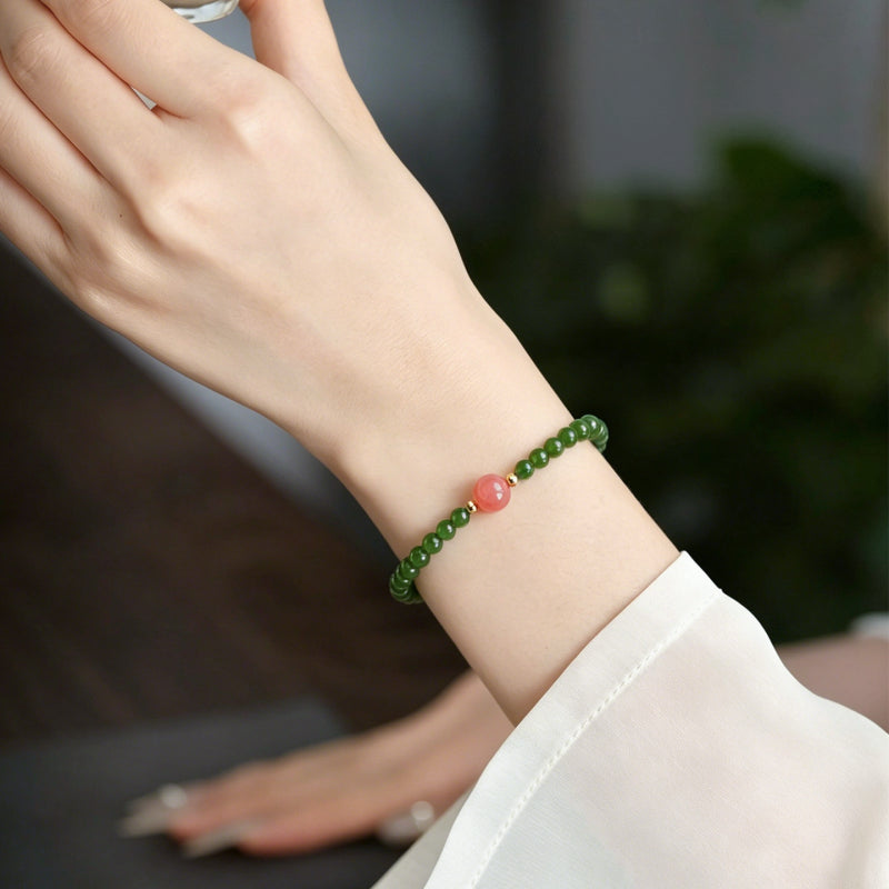 Hetian Green Jade & Ice Floating Southern Red Agate Bracelet – Soothes Emotions