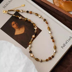 Natural Tiger Eye Stone Necklace — Maillard Earth Tone Irregular Collarbone