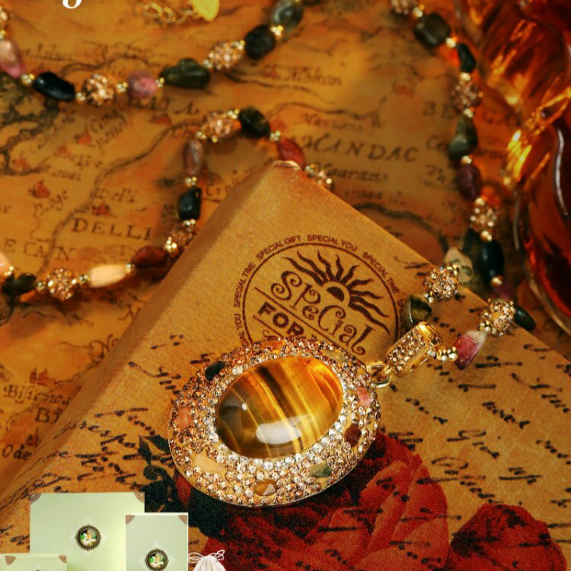 Collier Pull Œil de Tigre & Tourmaline Luxe Léger Tons Maillard Femme Robuste Long