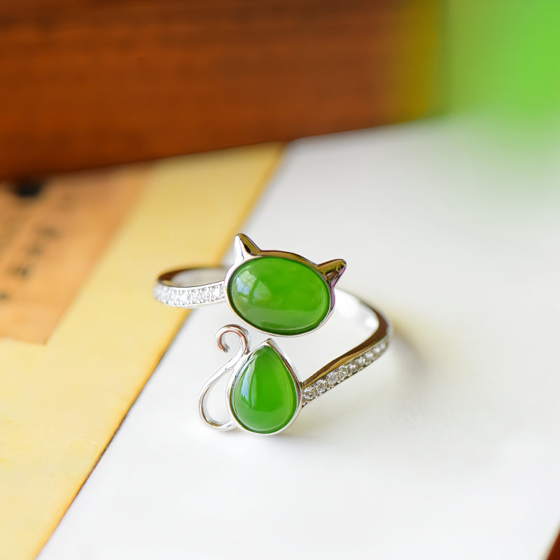 Bague Chat en Jade Hetian Naturel - Pureté & Sagesse & Paix