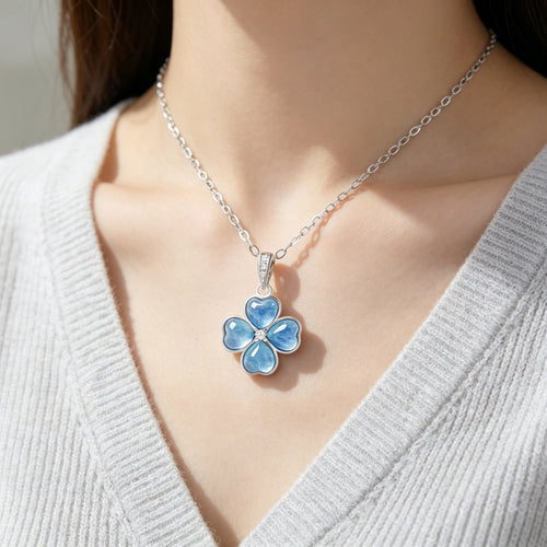 Blue Four-Leaf Clover Natural Crystal Pendant Necklace – Lucky Gift for Her / Mom