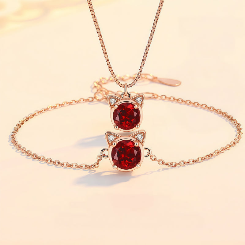 Delicate Rose Gold Cat‑Head Red Stone Complete Jewelry Set - Protection