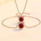 Delicate Rose Gold Cat‑Head Red Stone Complete Jewelry Set - Protection