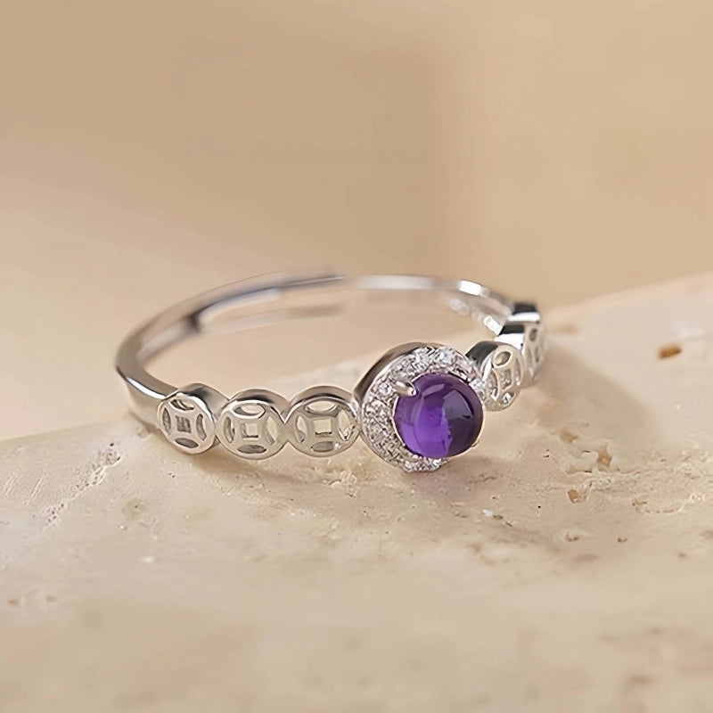 Bague porte-bonheur pièce de monnaie mystère améthyste naturelle