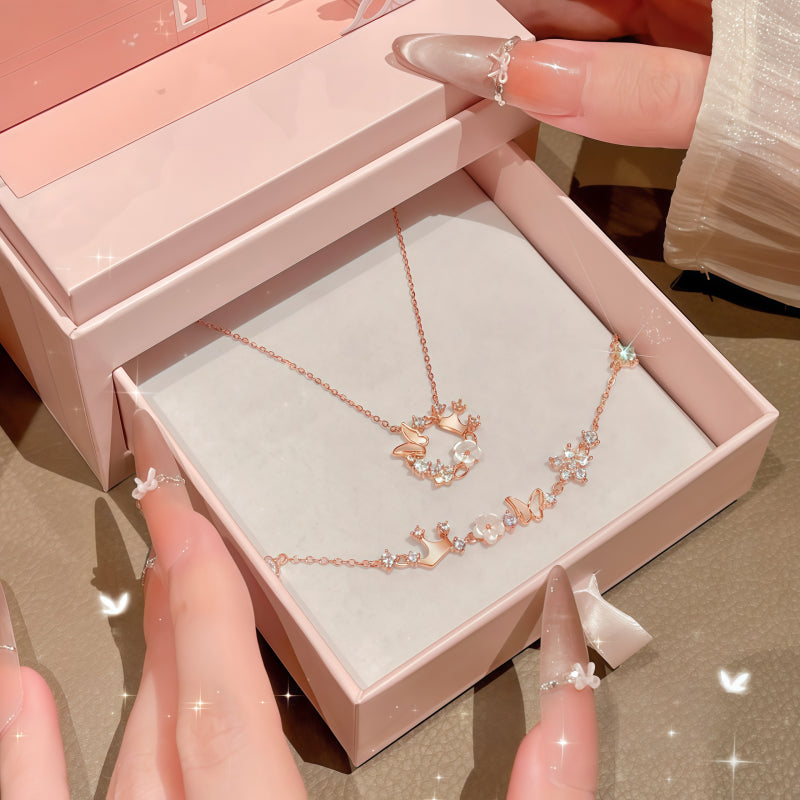 Rose Gold Crown Butterfly Necklace/Bracelet Jewelry Set - Joy and Good Fortune