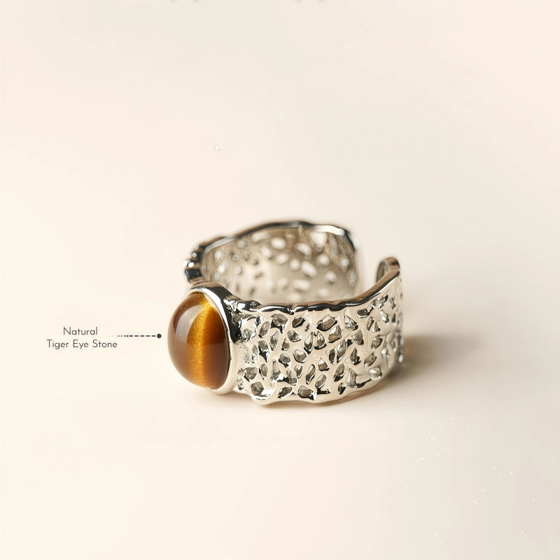 Bague Œil de Tigre Naturel S925 Creuse en Dentelle Niche Simple Haut de Gamme Tempérament Polyvalent Bague Femme