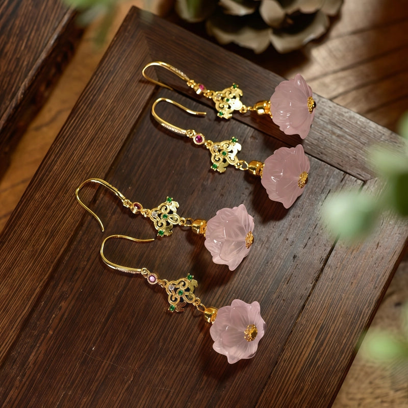 Boucles d'oreilles en cristal rose naturel, gouttes de lotus