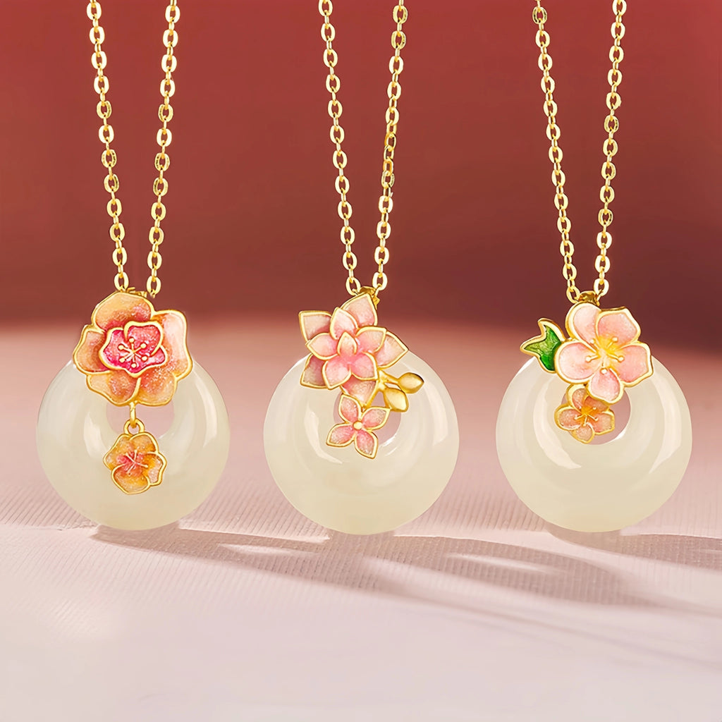 Hetian Jade Floral Donut Necklace - Peace Charm with Floral Motif