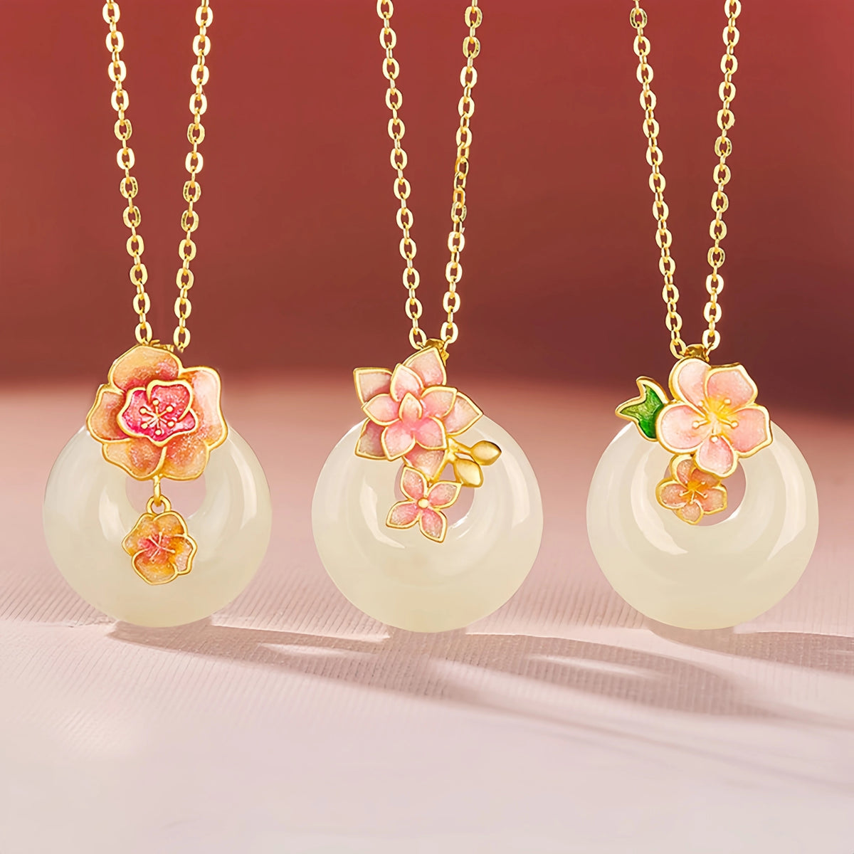 Hetian Jade Floral Donut Necklace - Peace Charm with Floral Motif