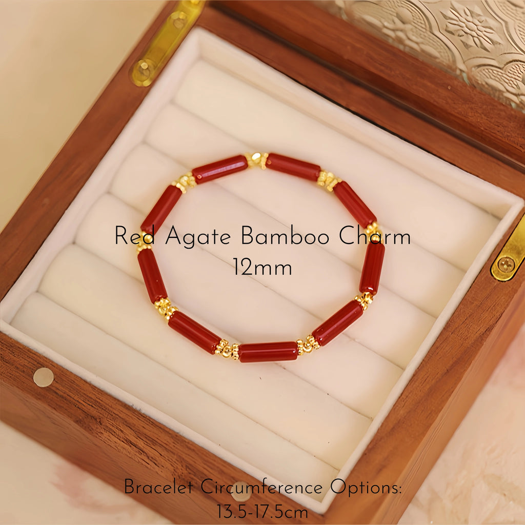 Red Agate & Pearl Stackable Bracelet with Bamboo Charm - Growth & Calm
