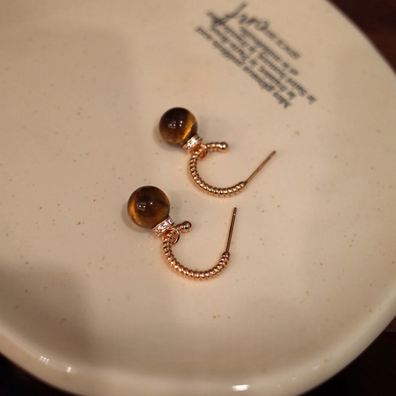 C-Shape Tiger Eye Two-Wear Earrings, Niche Vintage Maillard Crystal Jewelry for Wealth