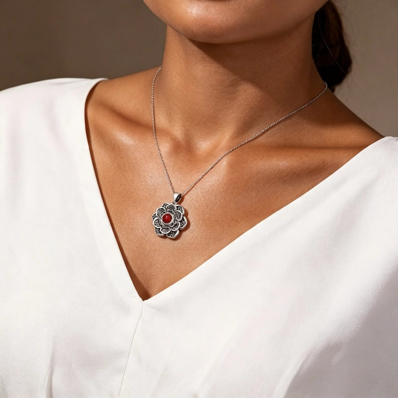 Lotus with Red Agate S925 Necklace - Clear All Negative Energy