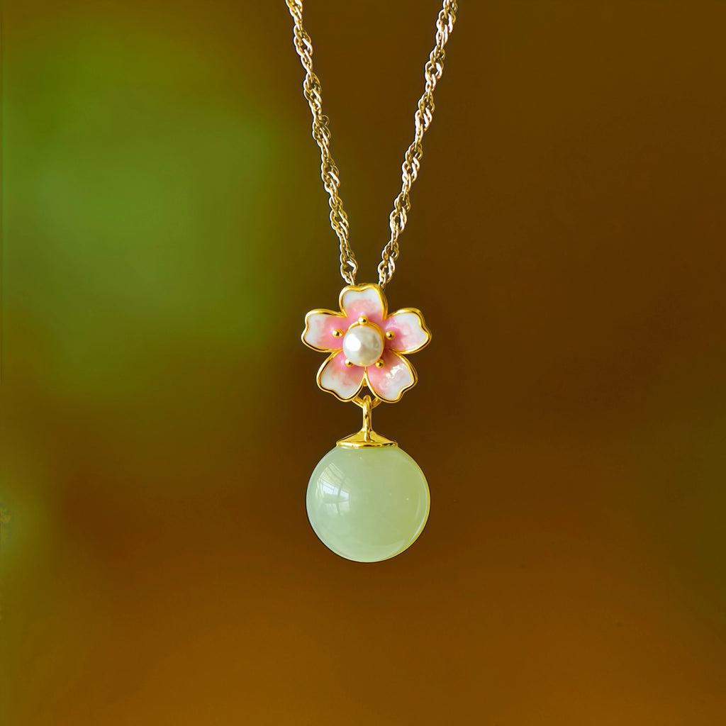 Oriental Cherry Blossom Enamel Jade Pearl Jewelry Set - Gentle Protection