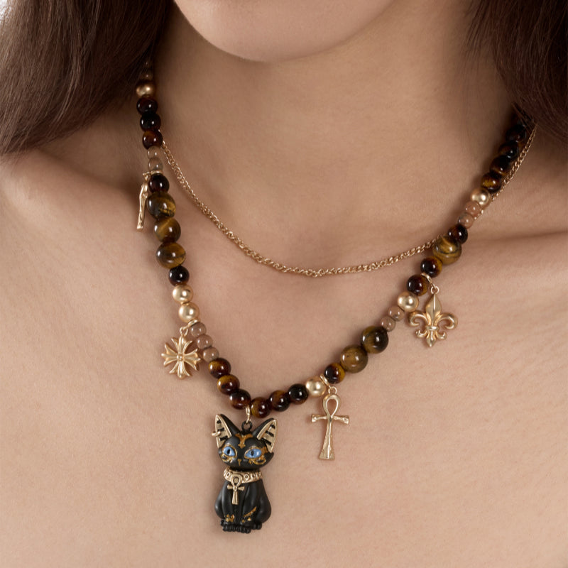 Natural Tiger Eye Stone Necklace — Double-Layer Ancient Egyptian Bastet Cat Goddess Protection