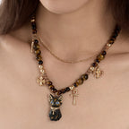 Natural Tiger Eye Stone Necklace — Double-Layer Ancient Egyptian Bastet Cat Goddess Protection