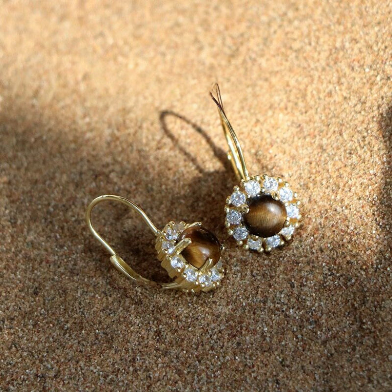 Natural Tiger Eye Earrings — Vintage Flower Ear Clasp