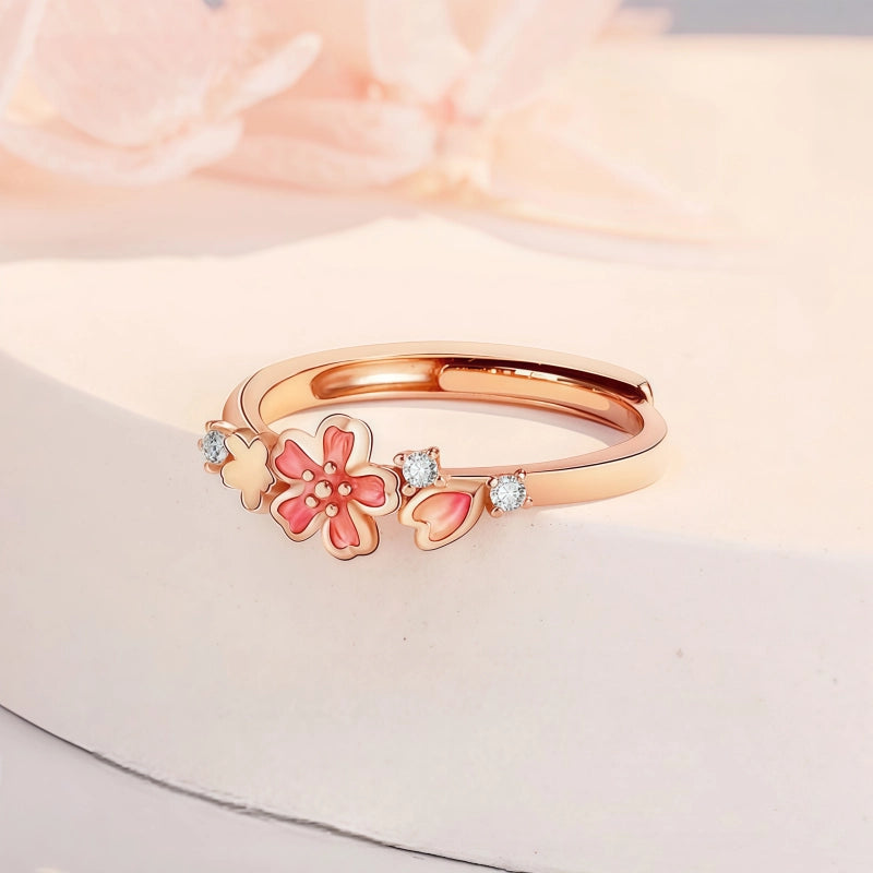 Bague Fleur de Cerisier en Argent Pur avec Émail à Froid - Bague Amour Pur
